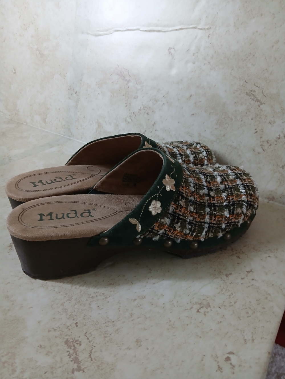 Y2K MUDD "Darryl" Women's Tweed Green Embellished Chunky Clog Sz 10M